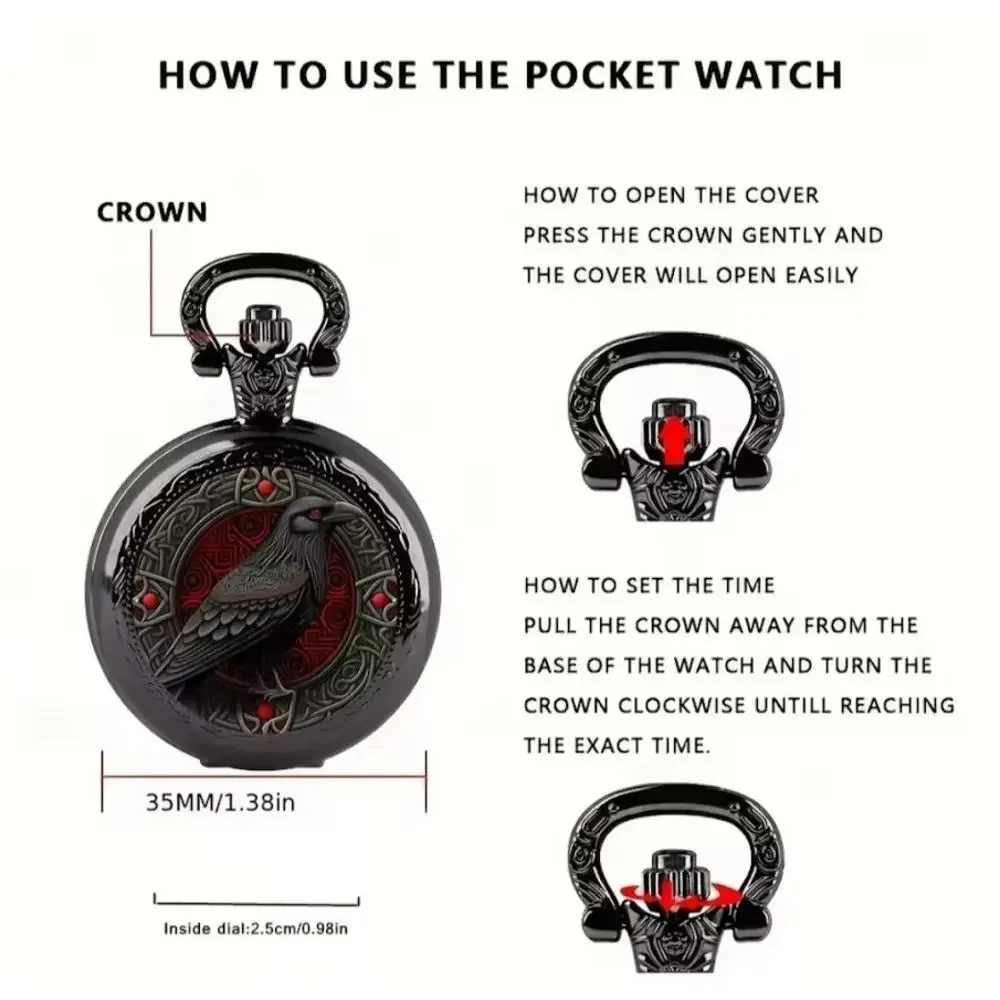 Gothic Raven Crown Pocket Watch Necklace Red Black Vintage Pendant Chain
